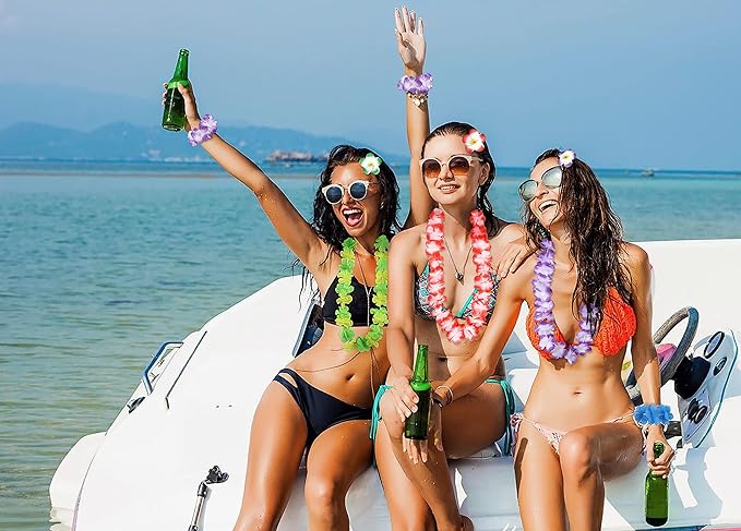 Moon Boat 60PCS Hawaiian Luau Leis Party Decorations Supplies Set - Tropical Tiki Flowers Necklaces + Bracelets + Hair Clips Bulk Summer Pool Birthday Decor Favors