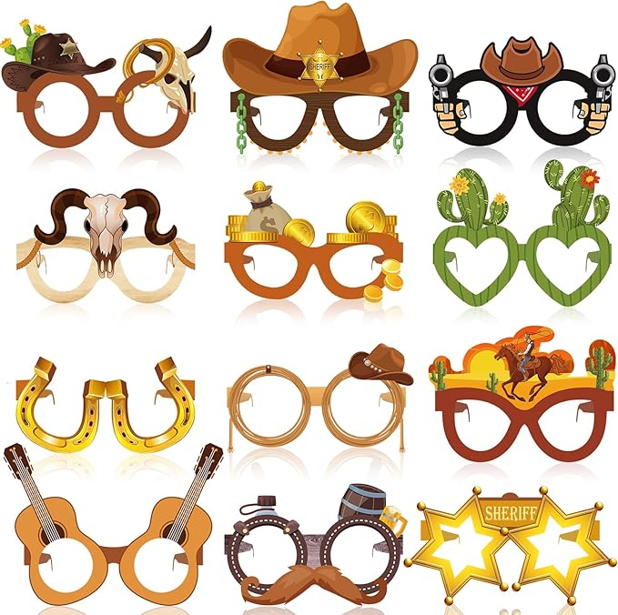 Jenaai 48 Pcs Western Party Favors Paper Glasses, Cowboy Photo Booth Props for Adults, Wild West Rodeo Theme Party Decor Supplies