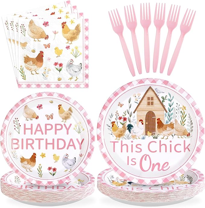 96Pcs Chicken 1st Birthday Party Supplies This Chick Is One Party Plates and Napkins Disposable Farm Animal Barnyard Little Chick Tableware Set for Kids Baby Shower One Year Old Birthday Decor