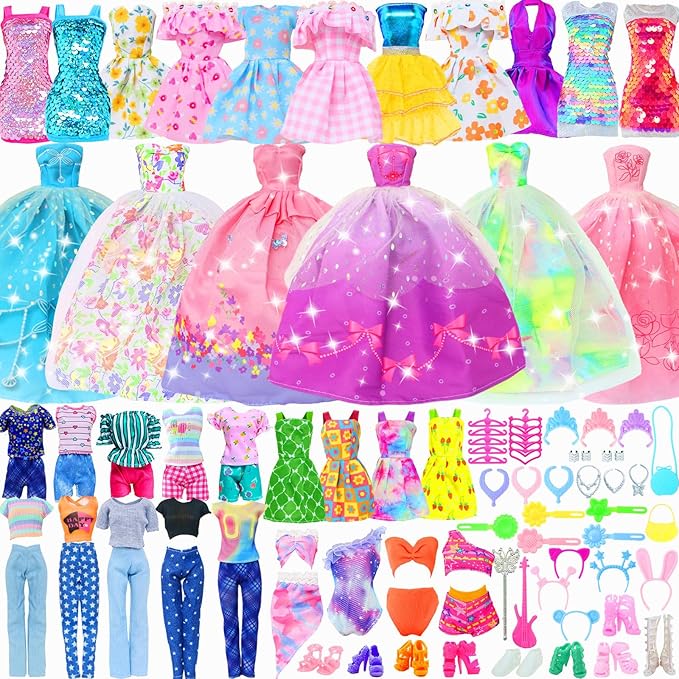 BJDBUS 50 Pcs Doll Clothes and Accessories, 2 Wedding Gowns 4 Fashion Dresses 2 Tops 2 Pants Outfits 2 Swimsuits Bikini 10 Shoes 10 Hangers 17 Accessories Stuffers for 11.5 inch Girl Doll