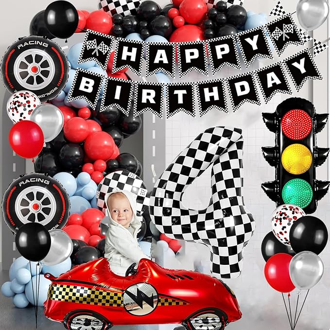 Race Car Birthday Party Decorations, with 40 Inch Number 4 Balloon, Happy Birthday Banner, Race Car, Traffic Light and Foil Tire Balloon for 4th Themed Birthday Party Supplies