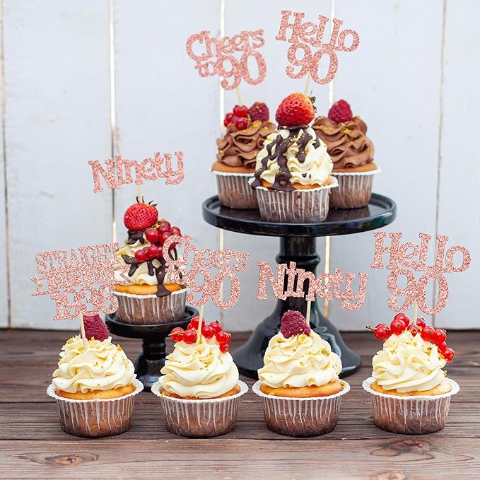 Ephlyn 24Pcs Happy 90th Birthday Cupcake Toppers Glitter Straight Outta 1936 Cupcake Picks Hello 90 Cheers to 90 Years Birthday Cake Decorations for 90th Birthday Anniversary Party Supplies Rose Gold