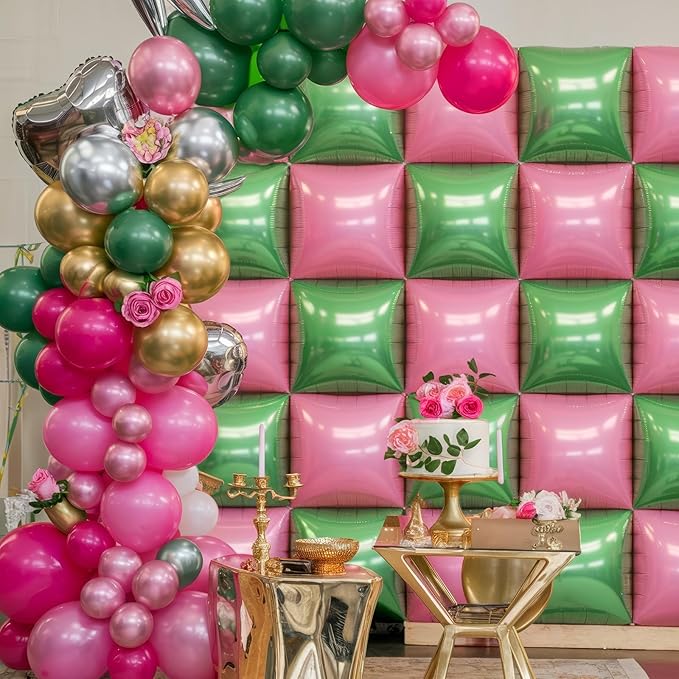 Pink Green Square Foil Balloon Wall,25Pcs Double Sided Foil Balloons Backdrop Helium Tunnel Arch Garland Kit for Girls Witch Themed Birthday Baby Shower Anniversary Party Decorations