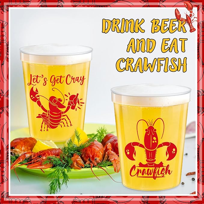 24 Pcs Plastic Crawfish Cups 16 oz Reusable Thick Crawfish Boil Party Supplies Clear Drinking Cups for Birthday Lobster Seafood Party Decorations Favors Gift