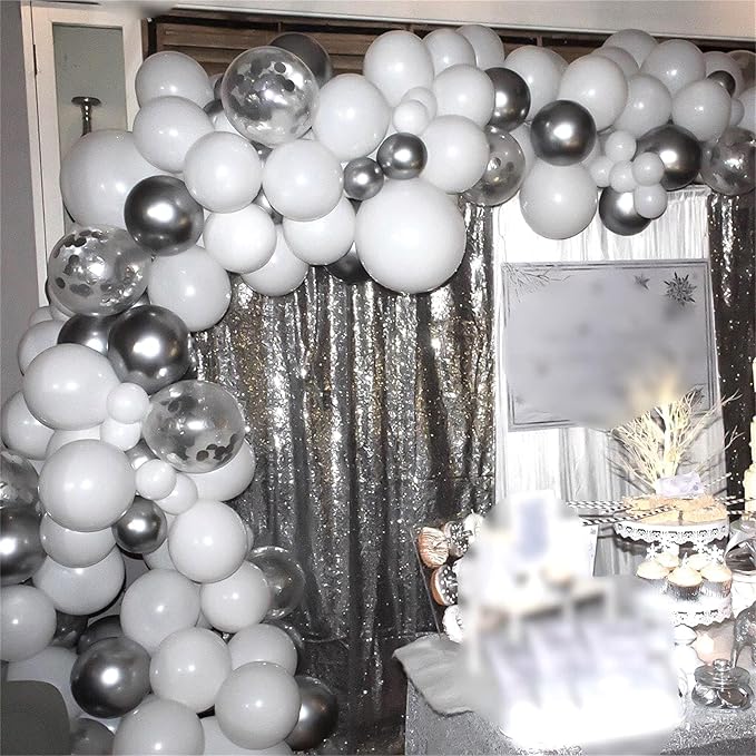 Silver and White Balloons, 12 Inch Metallic Silver White Latex Balloons Set Decor with Silver Confetti Helium Balloons for Boys Girls Birthday Party Baby Shower Wedding Graduation Party Decorations