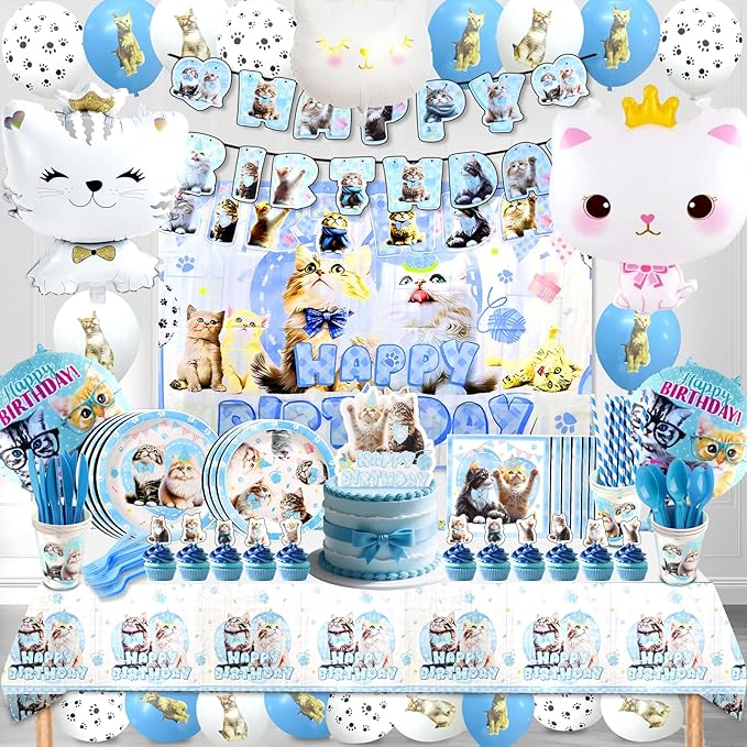 141Pcs Cat Birthday Decorations, Cat Birthday Party Supplies, Cat Birthday Party Decorations Include Plates Cups Napkins Tablecloth Balloons Cake Toppers for Kids Party