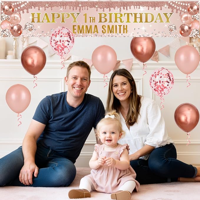 Rose Gold Birthday Decorations Banner with Personalized Letter Stickers and Balloons DIY Rose Gold Happy Birthday Yard Banner Custom Bday Sign for Girls Women Bday Party Supplies Outdoor