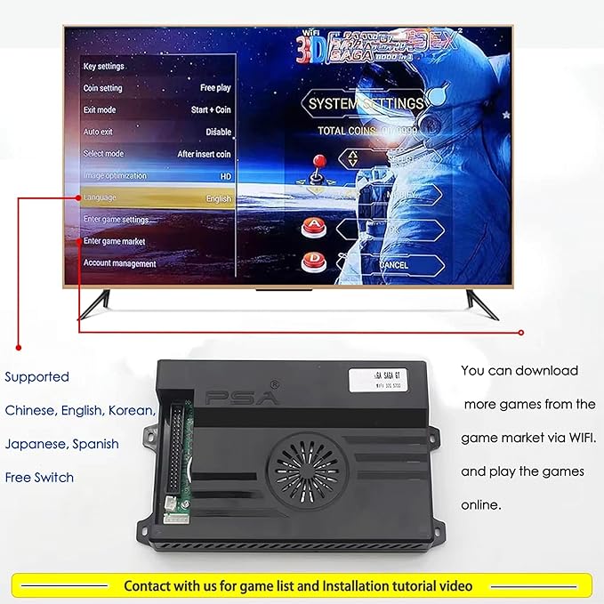 3D Box SAGA DX Plus 8000 in 1 System Arcade Jamma Board, WlFl Market, Add Games, VGA, HDMI Compatible, High Score Record, 3D HD 1280x720P Output, 4 Player Support (8000 Games WlFl)