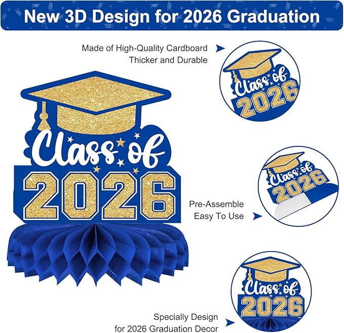 8 Pieces Class of 2026 Graduation Table Decorations - 2026 Congrats Grad Honeycomb Centerpieces, Graduation Table Toppers Decor for 2026 Graduation Party Decorations Favor Supplies, Blue and Gold