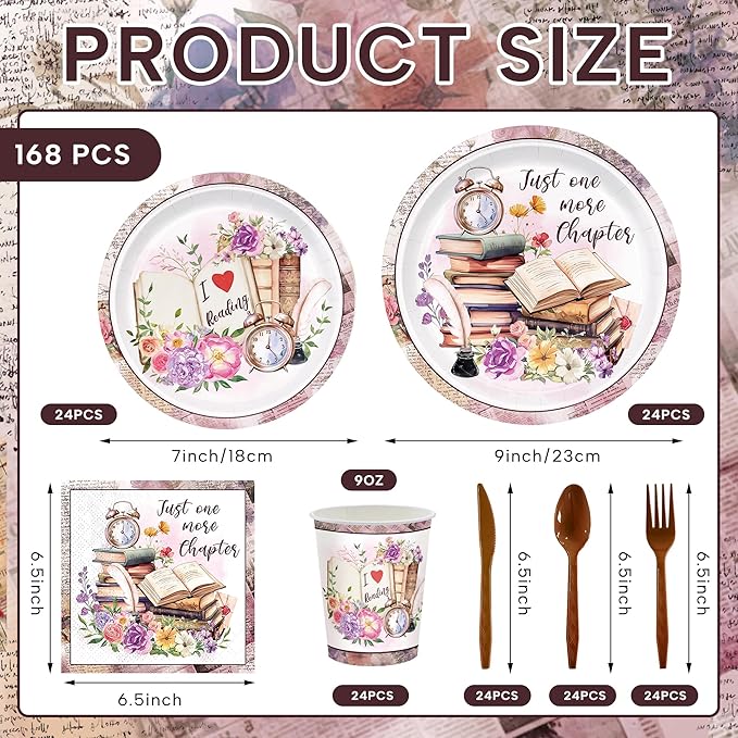 168pcs Book Themed Party Decorations Book Paper Plates Napkins Cups Book Disposable Tableware Set for Kids Book Club Library Reading Party Supplies Serves 24