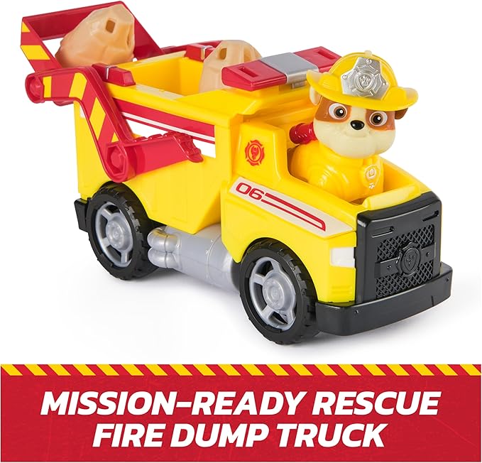Paw Patrol Fire Rescue: Rubble Rescue Fire Dump Truck with Action Figure, Projectiles, and Toy Truck, Kids Toys for Boys & Girls Ages 3 and Up