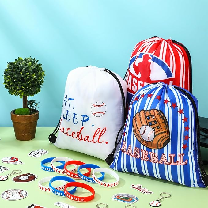 WILLBOND 86 Pcs Baseball Party Favors Goodie Bags Fillers 12 Drawstring Bags 12 Keychains 12 Wristbands 50 Stickers for Baseball Themed Birthday Party Supply Team Gifts