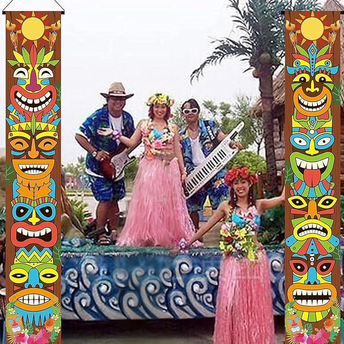 Hawaiian Luau Party Decoration Supplies, Tiki Totem Door Banner Sign for Aloha Hawaii Luau Tropical Moana Birthday Party Decorations, Tiki Decorations Outdoor
