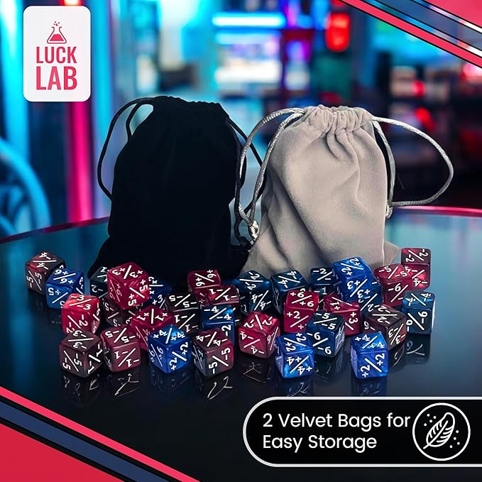 Luck Lab MTG Magic Life Counter Dice, 48 PCS - Compatible w/Magic Card Game Accessories, CCG Creature Stats w/ 2 Dice Bags (Blue Pearl, Blue Swirl, Red Pearl, Red Swirl)