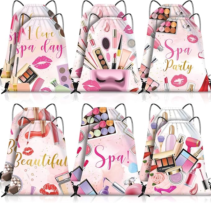 12 Pcs Spa Party Favor Bags Drawstring Backpack Gift Bags for Girls Women Makeup Birthday Party Decorations Salon Baby Shower Spa Decorations, 12 x 10 Inch