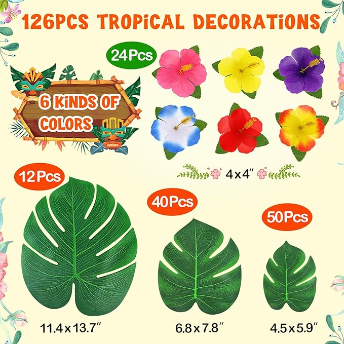 126Pcs Luau Party Decorations Supplies Tropical Palm Leaves Hibiscus Flowers Simulation Artificial Leaf for Hawaiian Luau Safari Parties Jungle Beach Theme BBQ Birthday Party Decorations Table Décor
