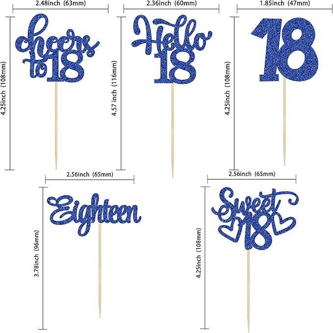 30Pcs18th Birthday Cupcake Toppers Eighteen Happy 18th Cupcake Picks Sweet 18 Cheers to 18 Cake Decorations for 18th Birthday Anniversary Party Supplies Deep Blue Glitter