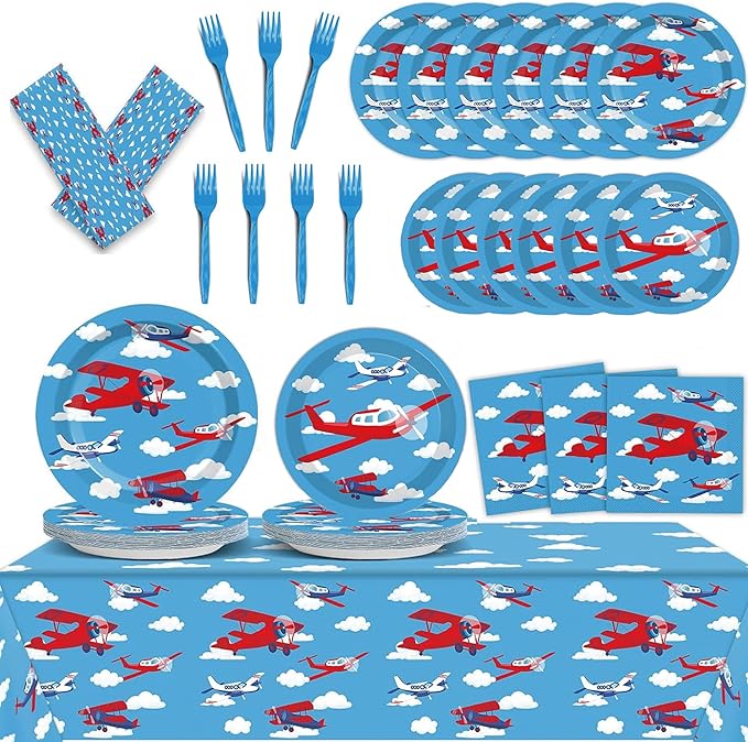 98 pieces Airplane Birthday Party Decorations Supplies Airplane Party Plates and Napkins Plane Theme Paper Tableware Set Tablecloth Baby Shower for 24 Guests 1st Birthday Helicopter Favors for Kids