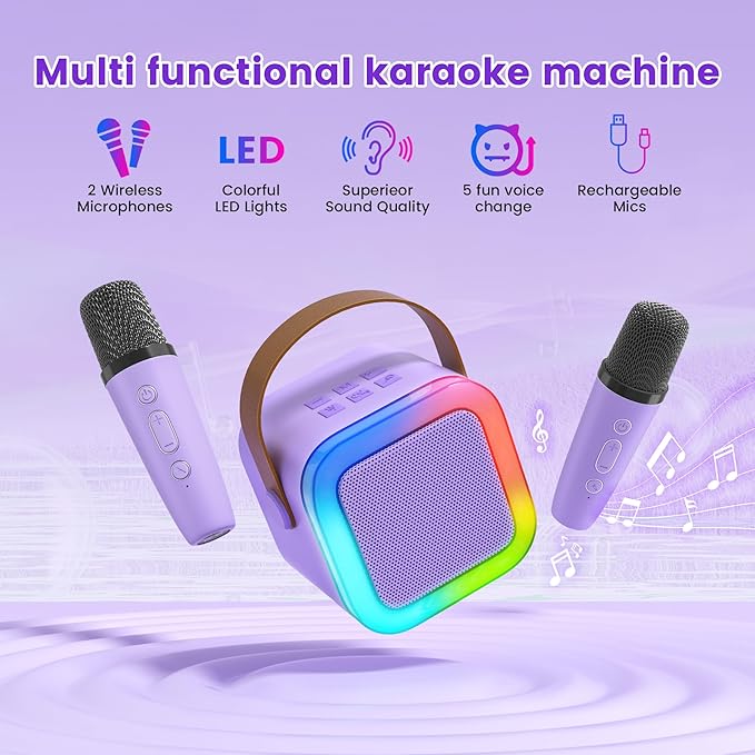 Mini Karaoke Machine for Kids,Portable Bluetooth Speaker with 2 Wireless Microphones,Toddler Music Player Toys,Easter Birthday Gifts for 3,4,5,6,7,8,9,10,11,12+Years Old Girls Boys(Purple)