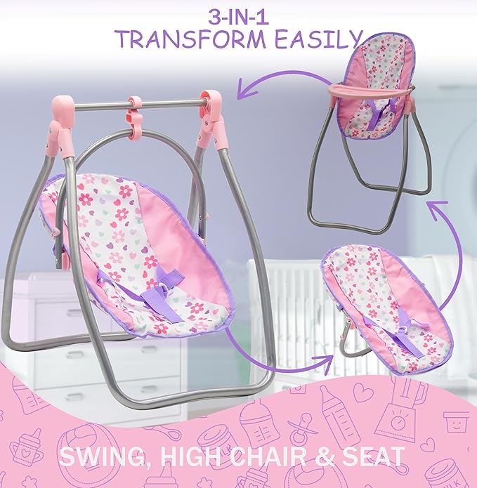 Baby Doll Stroller Bed and Swing Nursery Playset, Baby Doll Accessories Furniture Set Convertible High Chair Diaper Bag Role Play Deluxe Purple Doll Set