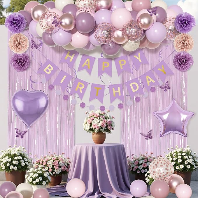 Dusty Purple Birthday Party Decorations, Lavender Pink Sand Confetti Rose Gold Balloons Happy Birthday Banner Fringe Curtains Butterfly Hanging Swirls Circle Dots Tassels Pompoms for Women Girls Party