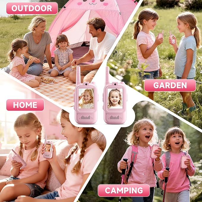 Video Walkie Talkies for Kids, Handheld 2 Pack Rechargeable Video Intercom Kids Walkies Talkies, Indoor Outdoor Toys for Family Games, Outside, Camping, Hiking for Boys Girls Ages 3-12 (Pink/Pink)