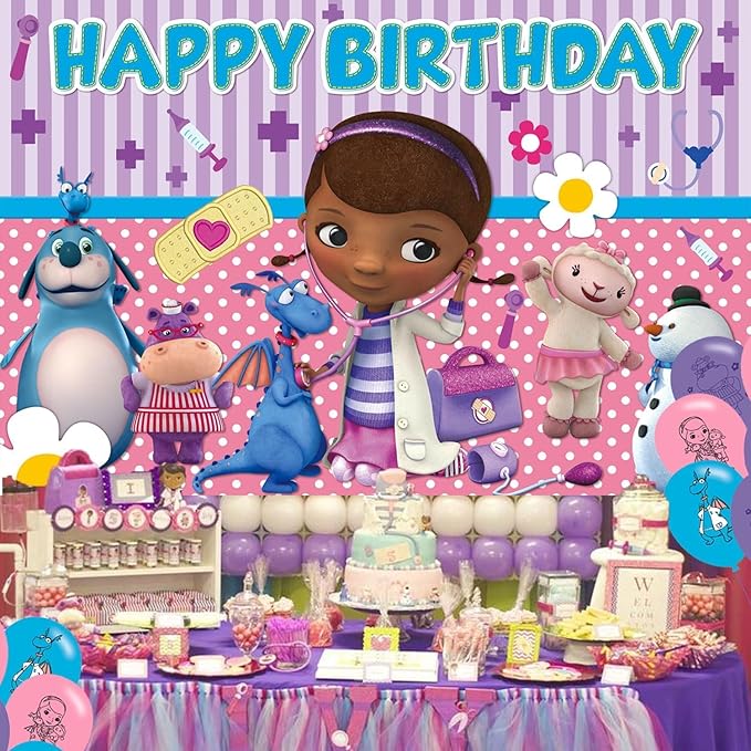 Doc Girls Birthday Party Decoration,Doc McStuffins Party Photo Background 5 x 3 FT and 18 Pcs Balloon,Cartoon Merch Party Backdrop Supplies