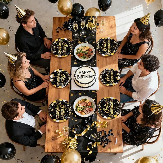 96Pcs Black and Gold Birthday Party Supplies Feliz Cumpleaños Gold Glitter Plates and Napkins Feliz Cumpleaños Happy Birthday Tableware Set for Men Women Spanish Party Decorations Serves 24