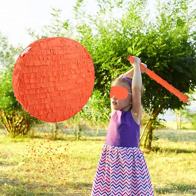 Orange Round Pinata with Stick Blindfold and Confetti DIY Blank Pinata for Adults Kids Birthday Party Supplies Carnivals Thanksgiving Decorations