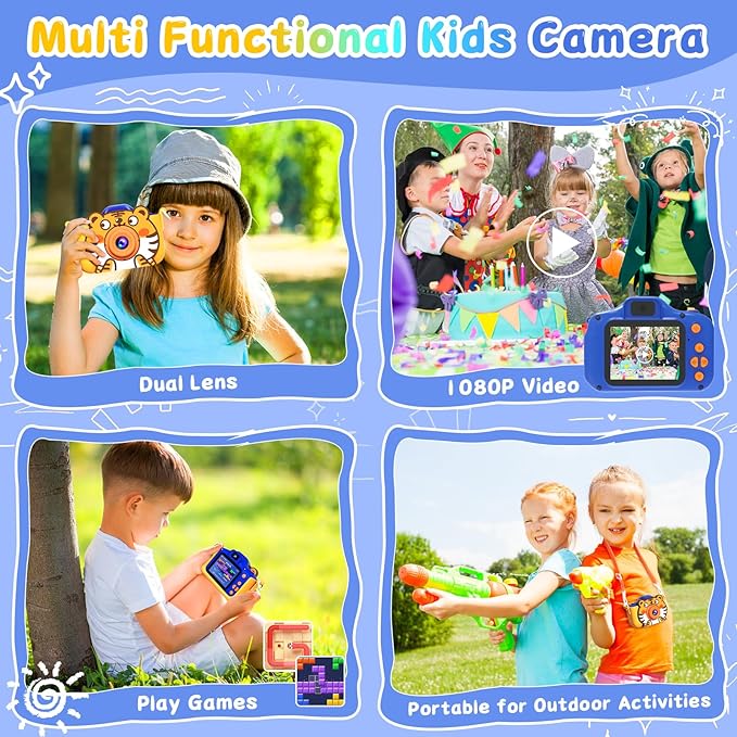Kids Camera, Toddler Digital Camera, Tiger Dual Cameras, 1080P Video and Dual Cameras, 6 Kinds of Filters with 32GB SD Card, Christmas Birthday Present for 3 + Year Old Girls Boys