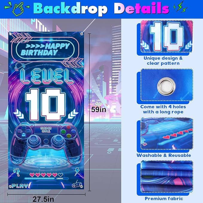 10th Birthday Decorations for Boys, Video Game Level 10 Birthday Decorations Include Banner Backdrop Sash Honeycomb Centerpieces Hanging Swirls Stickers Cake Topper for Gamer Party Supplies