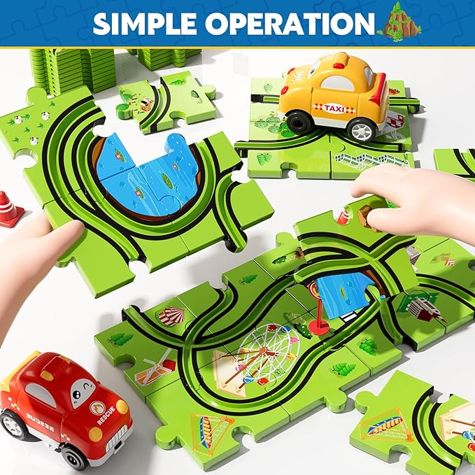 64PCS Puzzle Track Car Set Toys for Kids Boys, Toddler Toys Gifts for 3 4 5 Year Old, Floor Puzzle Tracks Car for Boys Ages 3-5 4-6, for 3 4 5 6 Year Old
