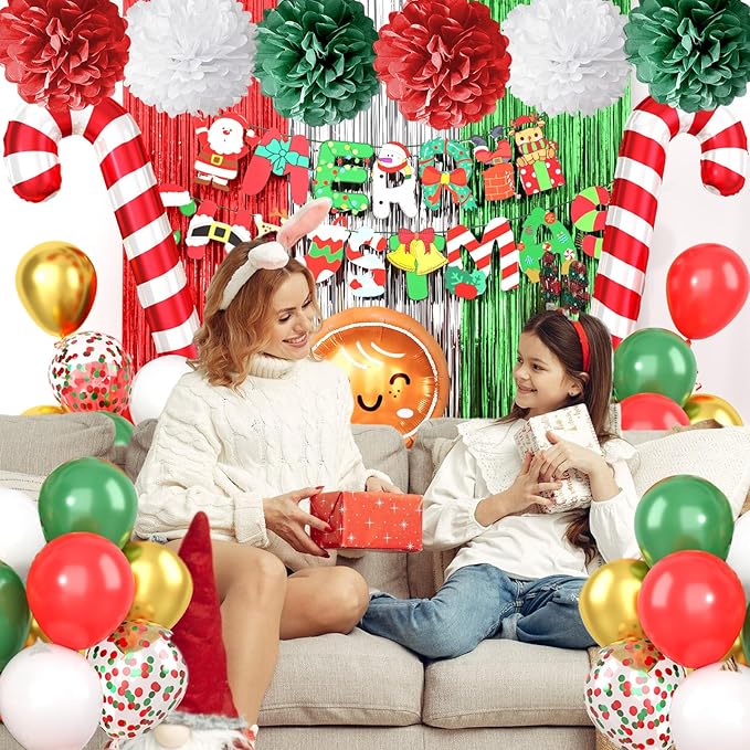 Red Green Christmas Decorations,Merry Christmas Decor Banner Paper Pompoms Fringe Curtain Backdrop Xmas Foil Balloons Latex Balloon for Indoor Outdoor Decorations
