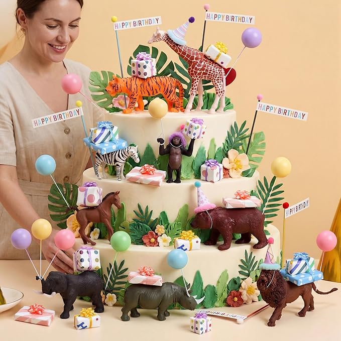 Weysat 37 Pcs Jungle Animal Birthday Party Decorations, Safari Animal Cake Toppers with Mini Hats Miniature Flags Gift Boxes Balls Figure Models for Wild Animals Birthday Party Supplies for Adults