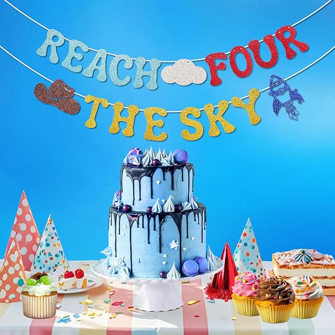 Glitter Reach Four The Sky Banner Cartoon Story 4th Birthday Party Decorations Toy Inspired Game Kids 4th Birthday Banner Party Supplies for Boy