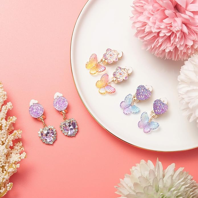 Clip on Earrings for Girls, 16Pcs Kids Clip on Earrings for Little Girls Dangle Stick on Earring Party Favor, Toddler Earring Princess Pretend Play Dress up Jewelry Gifts