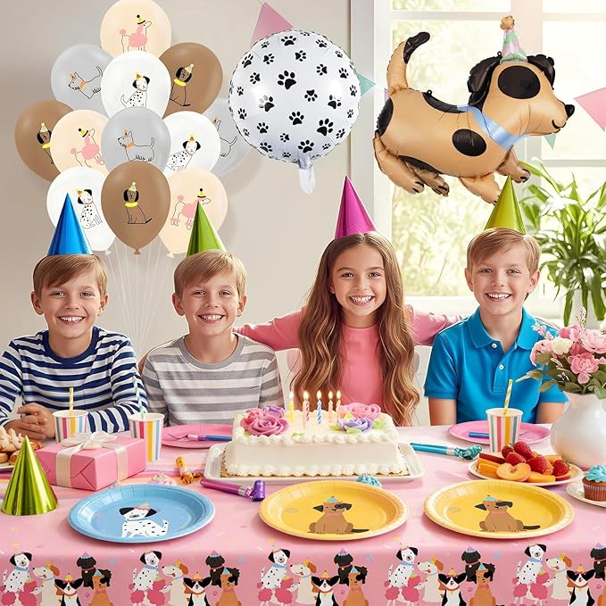 185 Pcs Pet Dog Birthday Party Decorations, Pet Dog Birthday Party Supplies Retro Puppy Themed Paper Plates Napkins Disposable Vintage Dog Tableware Set Serves 24, for Kids Birthday Baby Shower Decor