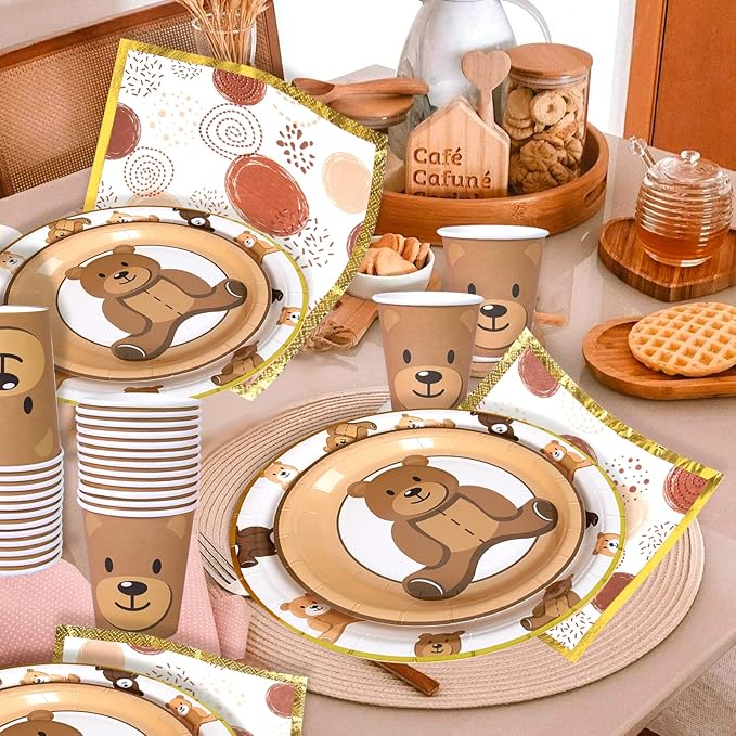 Brown Teddy Bear Baby Shower Plates - Teddy Bear Paper Plates,Disposable Cups,Napkin with Firework Pattern in Golden Border for 24 Bear Theme Party Supplies ,Baby Shower Wedding Birthday Party