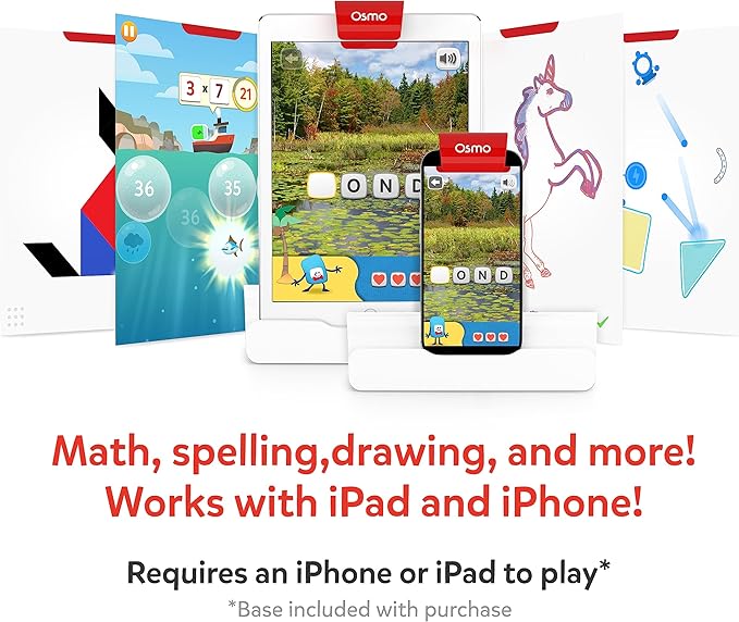 Osmo - Genius Starter Kit for iPad - 5 Educational Learning Games - Ages 6-10 - Math, Spelling, Creativity & More - STEM Toy Gifts for Kids, Boy & Girl - Ages 6 7 8 9 10 Base Included (5 Games, iPad)