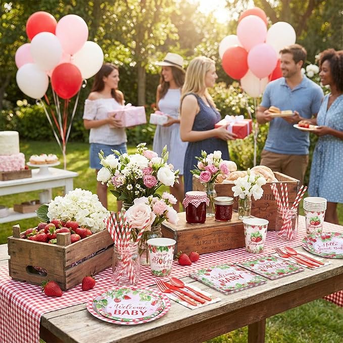 450 Pcs Strawberry Baby Shower Tableware Set Decorations A Berry Sweet Baby Paper Plates Napkins Cups Cutlery Straws for Berry Gender Reveal Birthday Party Supplies, Serves 50