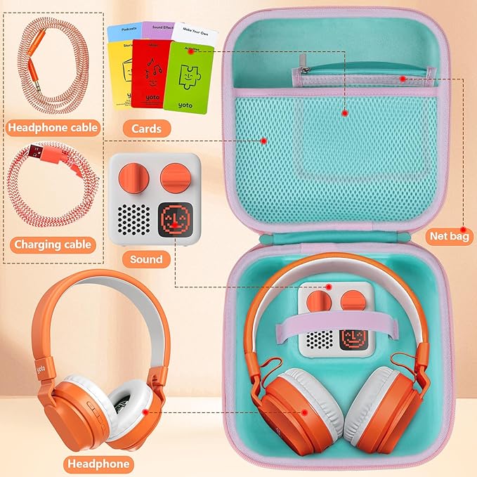 Storage Case Compatible with YOTO Mini + Headphones Kids Audio Player Travel Device Stories Music Podcast Radio Speaker (Teal + Pink Zipper)