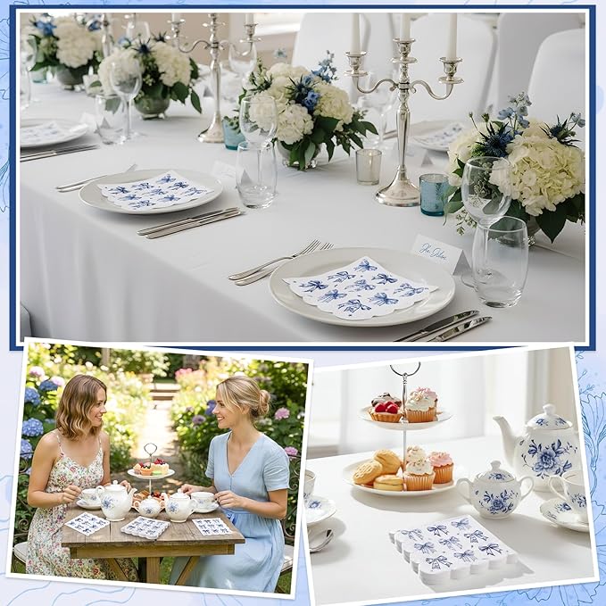 100 Pcs Blue Floral Napkins, Scalloped Blue Bow Cocktail Napkins Decorative Decoupage Napkin Toile Dessert Beverage Napkin for Baby Bridal Shower, Tea Party