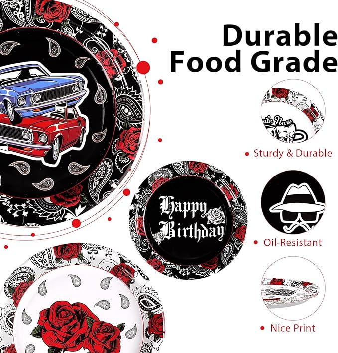 Grencian 60Pcs Cholo Birthday Party Decorations 9" Early 2000s Birthday Supplies Disposable Heavy Duty Black Bandana Paper Plates Tableware for Halloween Teens Early 2000s Cholo Theme Party Supplies