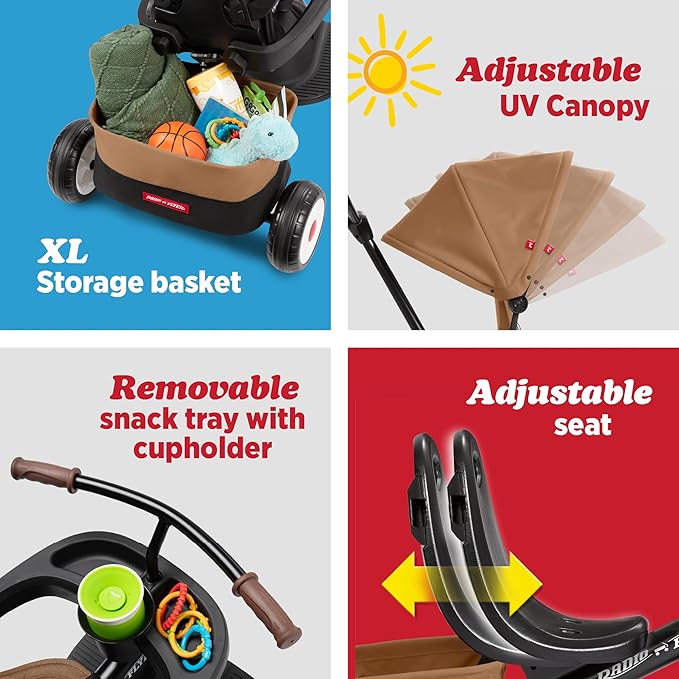 Radio Flyer City 4-in-1 Stroll 'N Trike, Mocha, for Riders 1-5 Years Old, 4 Riding Modes, 3 Point Harness with Comfort Pad, Parent Controlled Steering, Rear Storage, Stroller Tricycle for Toddlers