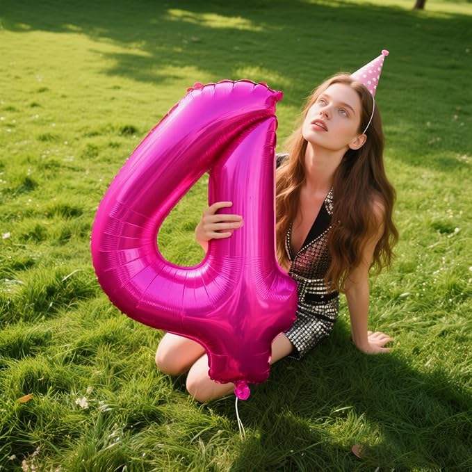 Rose Red Number 4 Balloon 40 Inch, Big Large Foil Helium Hot Pink Number Balloons,Jumbo Giant Mylar Self Inflating Number 0 Balloons for Birthday Party Decorations Supplies