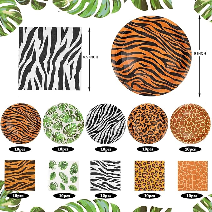100Pcs Jungle Safari Wild Animal Party Supplies Disposable jungle zoo animal Print Paper Plates and Napkins for Birthday Party, Baby Shower and jungle safari theme party decorations