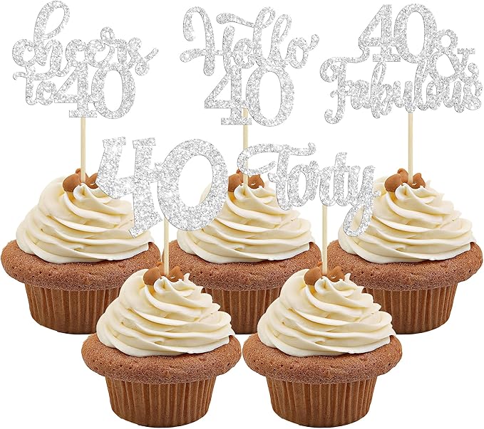 30pcs Happy 40th Birthday Cupcake Toppers - Silver Glitter Forty Cheers to 40 Years Old Cupcake Picks for Anniversary Party Cake Decorations