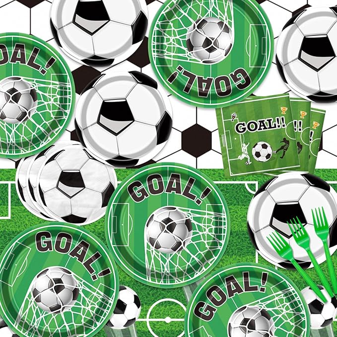 Soccer Party Supplies Kit Serve 20, Disposable Tableware Set Includes Dinner Plates, Dessert Plates, Napkins, Forks, Tablecloths for Boys Birthday Sports Theme Party Decorations