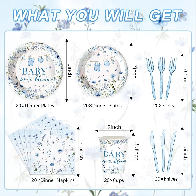 120PCS Boy Baby Shower Party Supplies Baby in Bloom Party Decorations Spring Wild Flower Pregnancy Announcement Tableware Set Dessert Plates Napkins Cups Set for 20 Guests