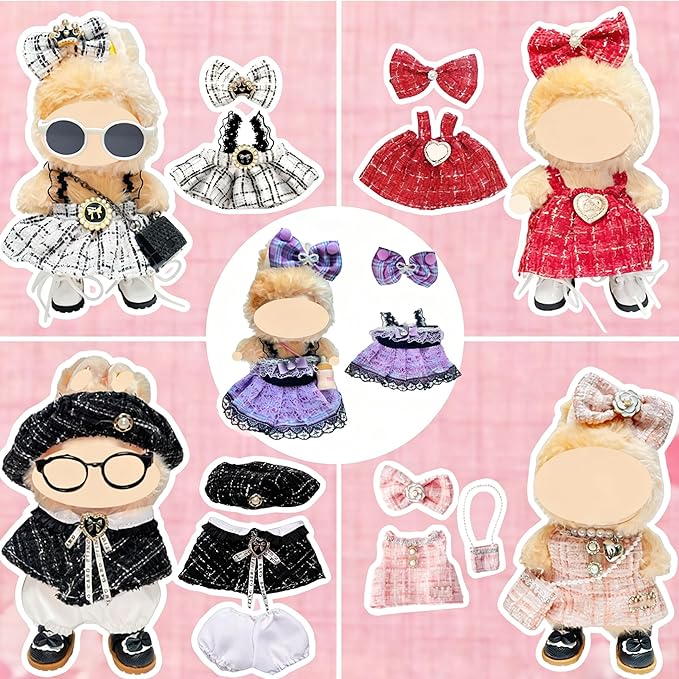 5-Set Elegant Clothes Bundle for Doll, Includes 5 Mini Hangs, Large Clear Display Bag with Strap Keychain, 5 Hangers and Rack, Bag, Glasses, Necklace, Shoes Accessories for Dressing up(No Doll)